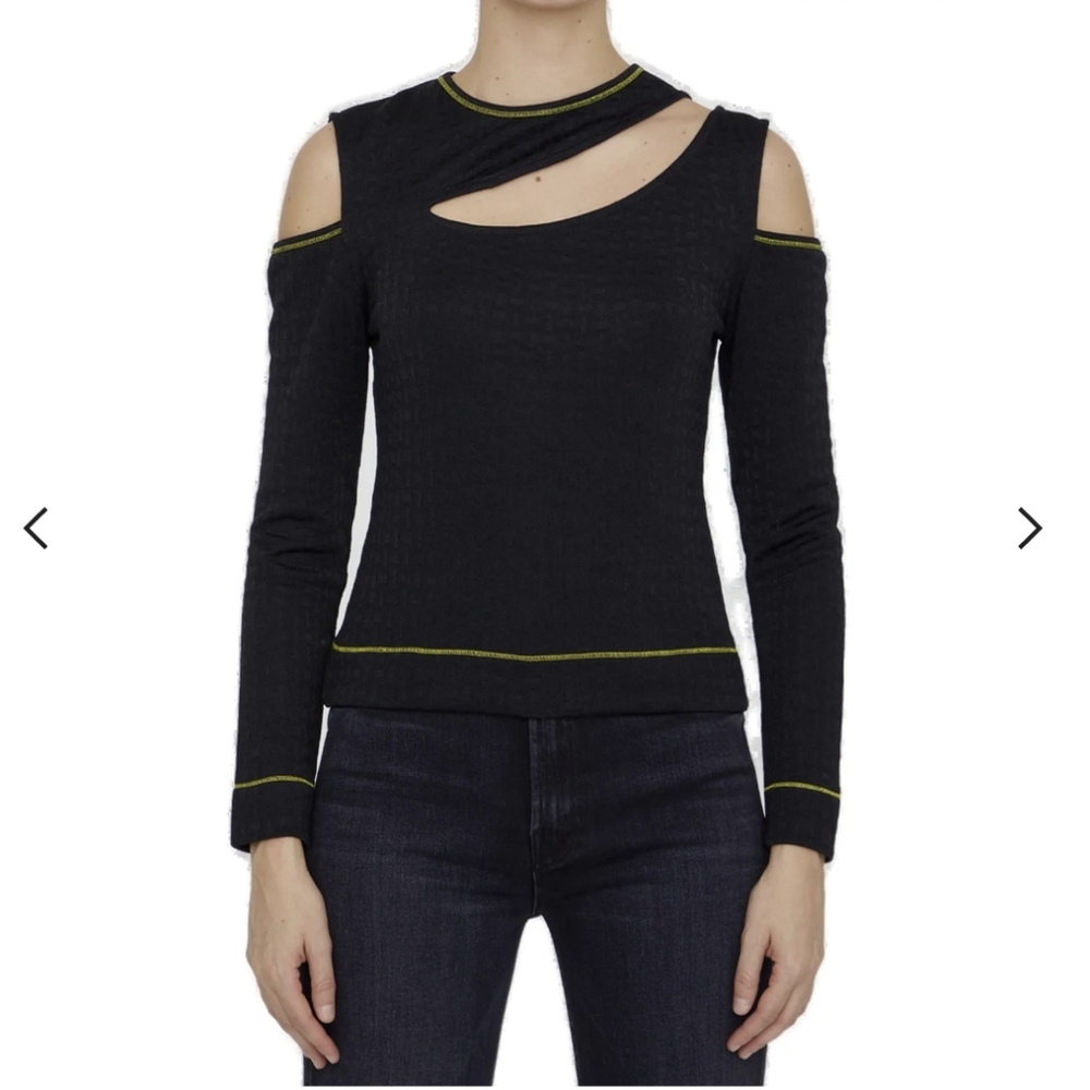 Ganni Jacquard Cut-Out Long Sleeve Sweater Top Black Sz 6 NWT